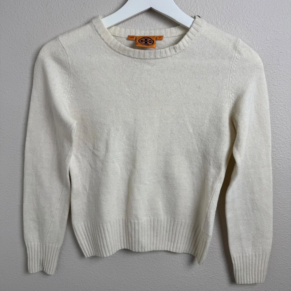 Tory Burch Logo Button Shoulder Sweater Small XS Ivory Merino Cashmere Blend